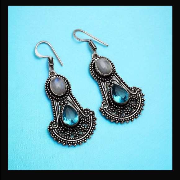 Rainbow Moonstone & Blue Topaz Drop Dangle Hook Style Earrings 2" L New With Tag - Picture 13 of 16